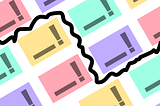 A collage of pastel rectangles with exclamation marks, with a bold wavy line snaking between them like through a labyrinth.