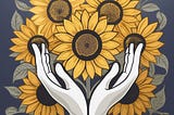 A graphic image of a bunch of sunflowers, with a pair of hands open in front of them.