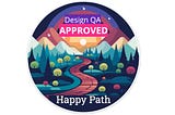 A Happy Path Design QA approved sticker with a GEN AI image of a path going through a forest and mountains