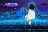 Image of woman floating in digital wire-framed landscape