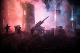 Image of a smoke-filled city, destroyed by war, with soldiers and weaponry visible in silhouette.