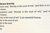 Image from my book of passage emphasizing brevity.