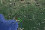 A satelite style map showing Cameroon, and above it Nigera. Along the coast, three areas are mapped out in red, green, and blue, showing the approximate trading areas of each of the three coastal kingdoms. They take up the entire coats and stretch inland up to 70 miles each.