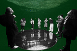 A black and white processed photo with a green background of a group of people standing around a mirror on the floor with digital graphics on the ceiling