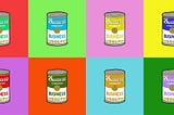 Cans of “Business Success” soup in the pop art style of Andy Warhol