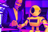 Image depicting Designer and Artificial Intelligence robot brainstorming together. Created by Lola Salehu.