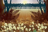 Drawing of a sunrise in forest with flowers in the front.