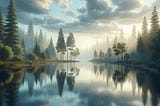 Serene lake symbolizing tranquility, reflecting a clear sky among trees.
