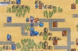 Warside Demo battle map in the desert, where your forces are attempting to fight the foes. The enemy tank is approaching and attacking a building previously claimed by the infantry