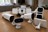 A few of the security cameras I tested for this piece on a wooden table.