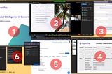 Screenshot of a computer desktop, with a numbered set of application windows to illustrate the facilitator’s POV of a webinar