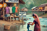 A native woman washing clothes in a river with a village in the background. Shops in the village have signs indicating they accept Bitcoin.
