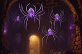 Generated image of dark fantasy spiders in a dark cellar.