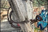 Rusted wire wrapped around two gray posts.