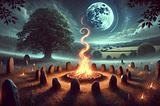 AI generated image of a countryside with a large tree up close, rolling hills in and mountains in the background and a giant moon taking up most of the cloud scattered sky. Amidst this beuatiful setting is a sacred fire, surrounded by circles of standing stones. Mystical and magical.