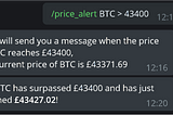 An example message which is received once the price of Bitcoin surpasses the target price