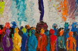 DALL-E image of an expressive oil painting of a person standing on a pedestal atop a crowd of other rainbow-colored people