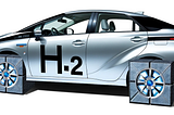 ChatGPT & DALL-E generated image of a Toyota Mirai hydrogen fuel cell car with square wheels