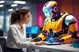 A lady working at a desk with an AI robot.