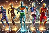 ChatGPT generated panoramic image of a foot race between India, China, USA and Europe with the competitors’ clothes covered in circuitry and sparks flying off of them