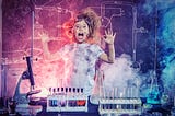 Little girl behind chemistry and lab equipment with smoke in the background.