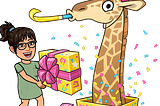 Child with a gift approaching a cartoon giraffe popping out from a gift box with confetti.