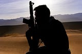 A silhouette of a soldier in the desert, holding his arrival, appearing homesick