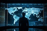 Silhouette of a person standing before a digital world map, symbolizing global investment opportunities and connectivity in emerging markets.