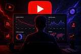 A person sits in front of dual monitors displaying YouTube analytics dashboards with audience retention, returning viewers, traffic sources, and audience growth charts. The dark neon-lit setup features red and blue lighting, floating social media icons, and a large YouTube play button in the background, creating a futuristic content creator workspace aesthetic.