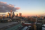 The City of London, viewed from the south bank of the River Thames.