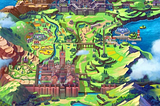 Breve imagem de uma região do mundo Pokémon. Uma terra fantasiosa, com um castelo no centro, um porto e caminhos que levam a montanhas e fortalezas.
