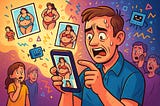 Man holding phone, shocked family behind him. Too many bikinis.