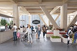 Architectural rendering of an airy, wood-filled space holding an indoor market. People walk and shop.