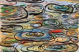 Abstract artwork featuring concentric, swirling shapes outlined in black, resembling ripples or topographic patterns. The background is filled with a mix of pastel and vibrant colors including blues, greens, reds, and yellows, creating a layered, dynamic effect. The composition is dense with overlapping forms. The artist’s handle “@francoistop” appears in the bottom left corner. He drew this for the post. He also made the drawing for the companion post on young people.