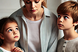 Mother looking slightly harassed as two children ask for help or want reassurance.