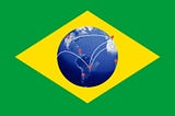 Bandeira do Brasil com uma imagem do planeta Terra no meio significando universalidade, e linhas interligadas com alfinetes conectando continentes.