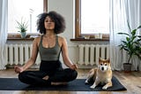 A young woman sits in a lotus pose on a yoga mat with her dog laying next to her.