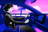 Image of woman driving Nissan Ariya in the style of the Lofi Girl animated character