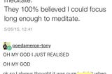 Tumblr posts and a Twitter screenshot that describe struggling with meditation due to mental illness.