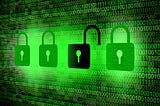 drawing of 4 padlocks in front of binary data with one of the padlocks open