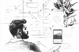 Black and white illustration of a designer analyzing diagrams, data, and interfaces while interacting with digital and natural elements, representing the conscious use of craft and artificial intelligence to think about systems, make decisions, and stand out in a UX portfolio.