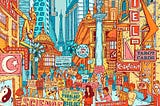 Illustration for the 2nd issue of Modern Reformation, featuring a colorful crowd protesting peacefully in a post-modern city.
