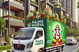 A Majha Morya-branded delivery tempo transporting eco-friendly Ganesh idols through a high-end urban area with premium buildings, elegant homes, and a sophisticated festive atmosphere