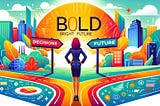 Cover image with a businesswoman at a crossroads, symbolizing bold business decisions and success. Text reads: ‘Bold Decisions, Bright Future.’ AI-generated.