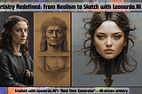 Digital collage showcasing Leonardo.AI’s artistry evolution from realism to sketch, featuring three images: a realistic woman, a sketched king, and a photorealistic portrait. Title image for ‘Leonardo.AI Reimagined: The Power of ‘Motion’ and ‘Real Time Generator’’ article on www.sd-zen-zone.