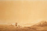 A sepia-toned landscape, mostly sky, with gently sloping grassy hills in the foreground. The ocean lies beyond, and some short trees or tall bushes are grouped here and there. In the foremost hill, a shepherd stands with a sheep.