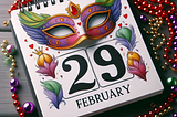 A desk calendar opened to February 29 is festooned with colorful Mardi Gras beads and a mask.