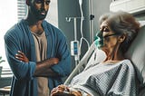 An old white woman is lying on a hospital bid with her eyes closed and wearing an oxygen mask. A young Tamil man is standing by her bedside watching her somberly.