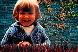 Digital collage featuring childhood photograph of host, Rorie Jane McCormack, aged 21 months, against a faded brick background covered in ivy leaves. Child has blonde hair, cut into a bob, with a fringe, and wears a mid-blue cable knit cardigan.