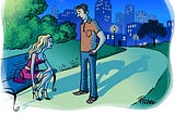 Comic illustration of a young couple in a park at night. The woman sits on a park bench, adjusting the strap on her shoe as a man stands in front of her. She says, “Shall we head back to my place, or shall we let our shadows have all the fun?” In the background, we see that the shadow they are casting makes it look as though her face is pressing against his crotch.